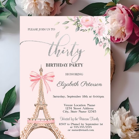 Invitation Eiffel Tower Pink Bow Flowers 30th Birthday