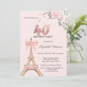 Invitation Eiffel Tower Pink Bow Flowers 40th Birthday (Debout devant)