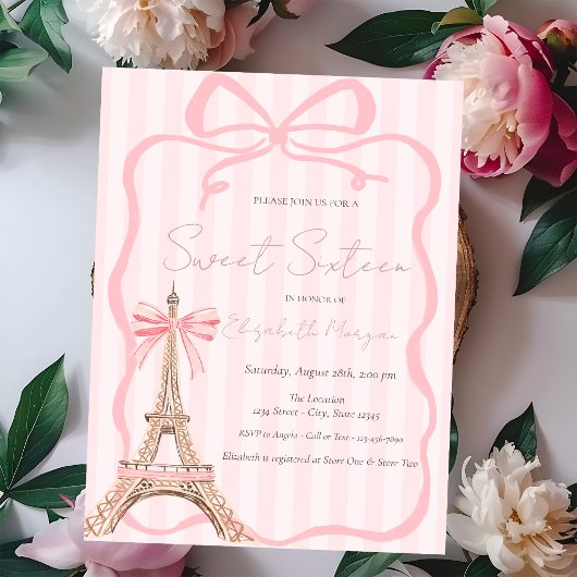 Invitation Eiffel Tower Pink Bow Pink Stripes Sweet 16