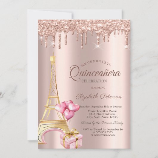 Invitation Eiffel Tower Present Balloons Rose Gold Drips (Devant)