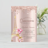 Invitation Eiffel Tower Present Balloons Rose Gold Drips (Debout devant)