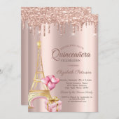 Invitation Eiffel Tower Present Balloons Rose Gold Drips (Devant / Derrière)