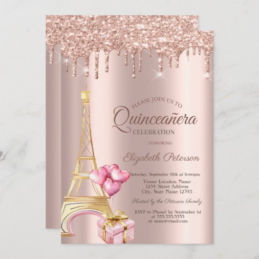 Invitation Eiffel Tower Present Balloons Rose Gold Drips (Devant / Derrière)