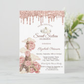 Invitation Eiffel Tower  Rose Gold Glitter Drips Sweet 16 (Debout devant)