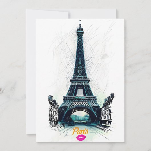 Invitation Eiffel Tower Sketch Print, Line Drawing, Paris (Devant)