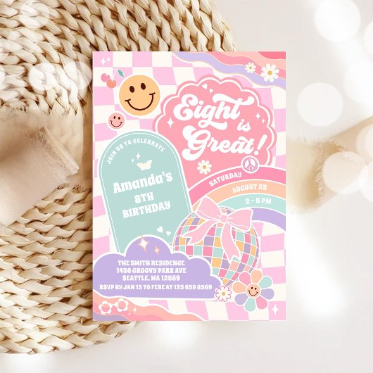 Invitation Eight Is Great Cloud Rainbow Disco 8th Birthday