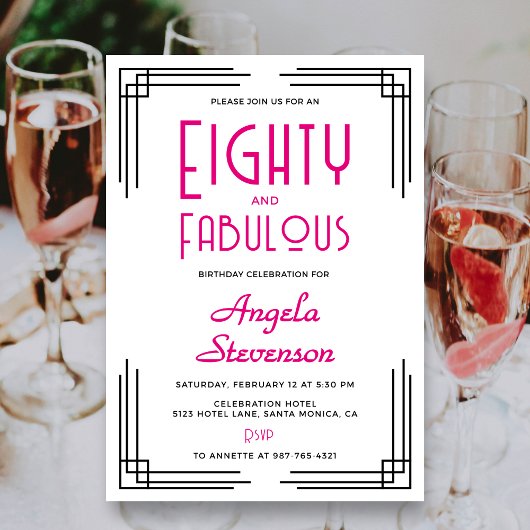 Invitation Eighty and Fabulous Pink Art Deco 80th Birthday