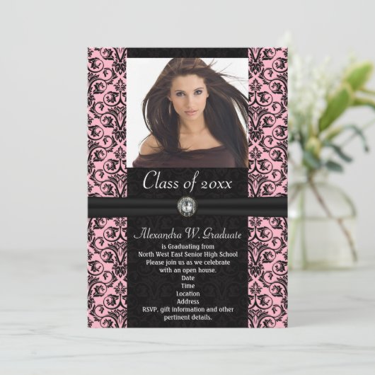 Invitation Elaborer le rose clair avec le noir Damask Graduat (Debout devant)