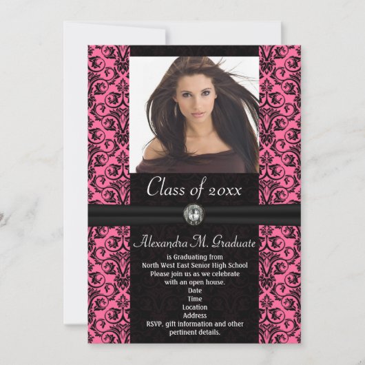 Invitation Elaborer Pink Black Damask Graduation (Devant)
