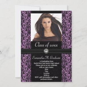 Invitation Elaborer Purple Black Damask Graduation