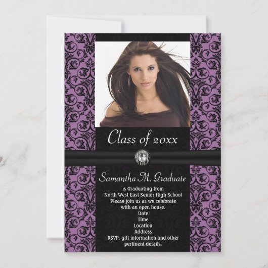Invitation Elaborer Purple Black Damask Graduation (Devant)