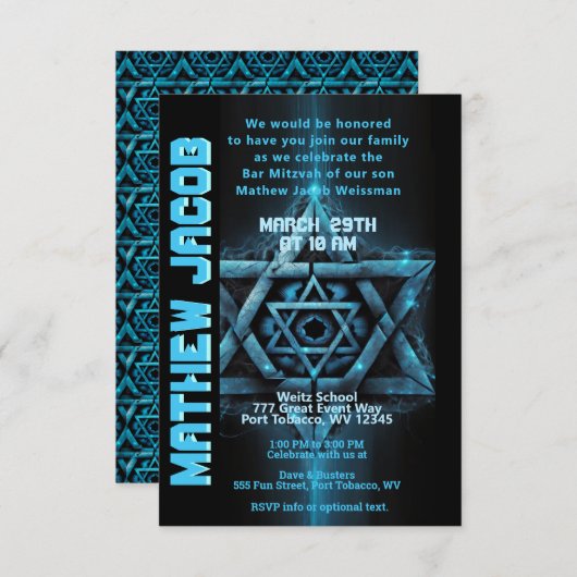 Invitation Electric Blue et Bar Mitzvah (Devant / Derrière)