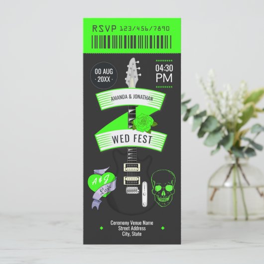 Invitation Electric Lime Rock ’n’ Roll Wedding Ticket (Debout devant)