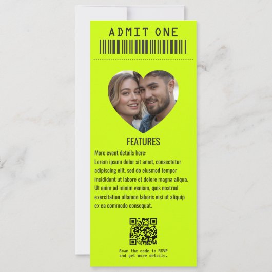 Invitation Electric Lime Rock ’n’ Roll Wedding Ticket (Dos)