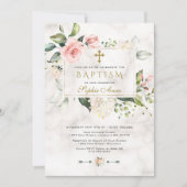 Invitation Elegan Blush rose Floral Marbre Gold Cross Baptism (Devant)