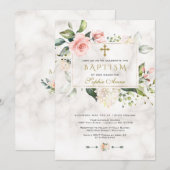 Invitation Elegan Blush rose Floral Marbre Gold Cross Baptism (Devant / Derrière)