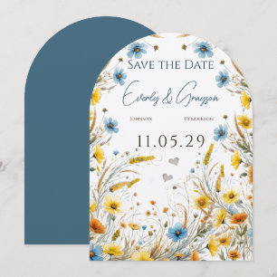 Invitation Élégance aquarelle jaune et floral bleu ciel