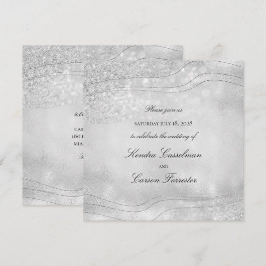 Invitation Élégance Argent Étincelle Carré moderne Mariage (Devant / Derrière)