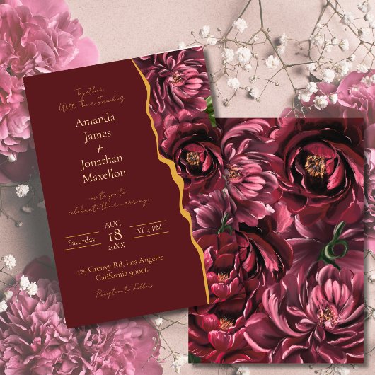 Invitation Élégance aux fleurs de Bourgogne avec Mariage Gold
