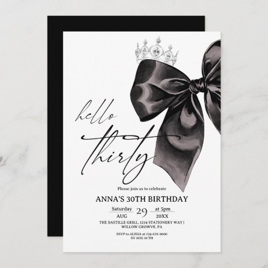 Invitation Elegance Black Bow 30th Birthday (Devant / Derrière)