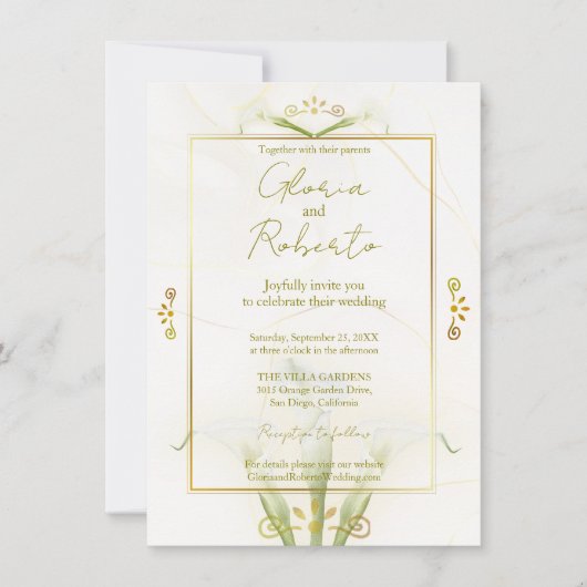 Invitation Elégance blanche et or Calla Lily (Devant)