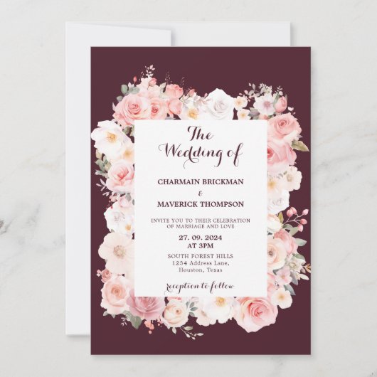 Invitation Elegance Bourgogne Floral rose Qr Code Mariage (Devant)