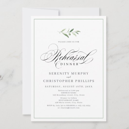 Invitation Élégance classique Script Dîner de répétition de v (Devant)