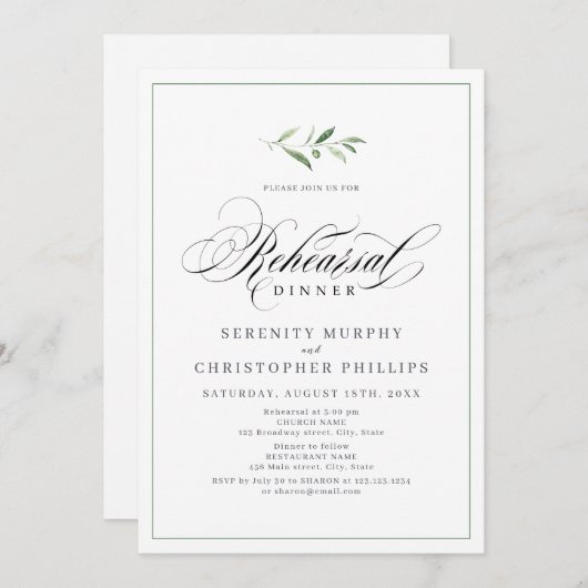 Invitation Élégance classique Script Dîner de répétition de v (Devant / Derrière)