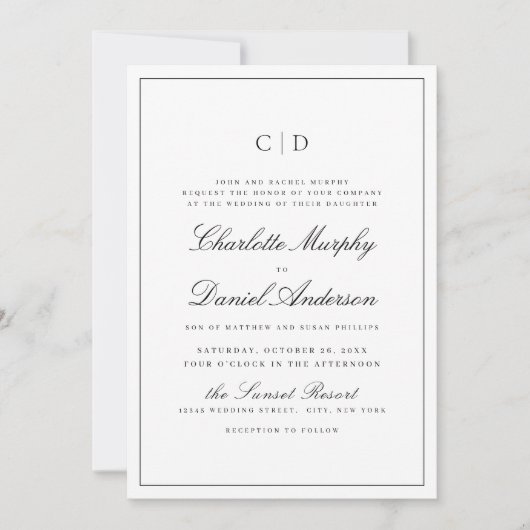 Invitation Élégance classique Script Mariage monogramme minim (Devant)