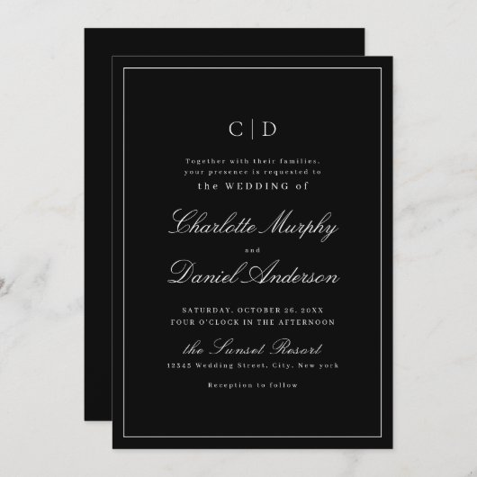 Invitation Élégance classique Script Mariage monogramme minim (Devant / Derrière)