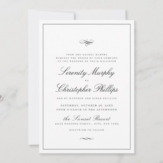 Invitation Élégance Classique Script Mariage noir et blanc (Devant)