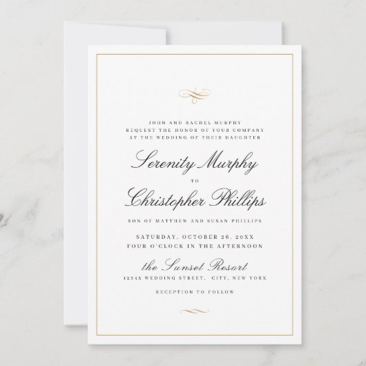 Invitation Élégance Classique Script Mariage noir et blanc (Devant)