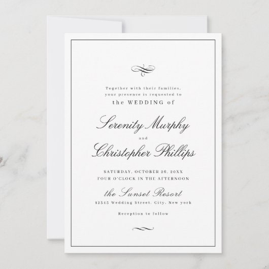 Invitation Élégance Classique Script Mariage noir et blanc da (Devant)