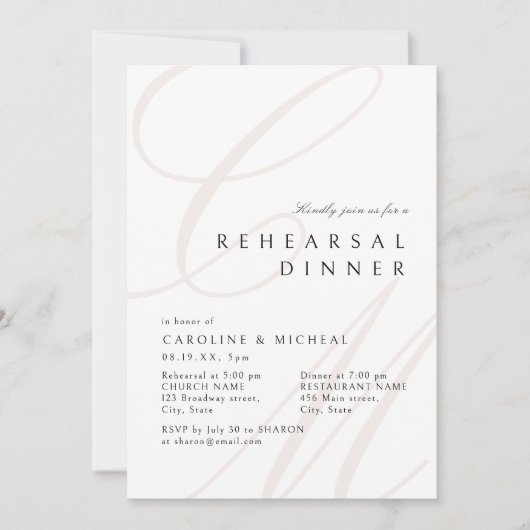Invitation Élégance Classique Script Monogramme Dîner de répé (Devant)
