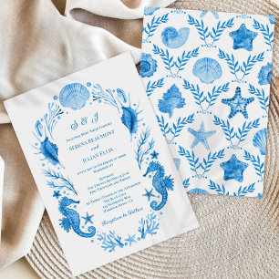 Invitation Élégance Côtière Bleue Mariage Aquarelle Marine