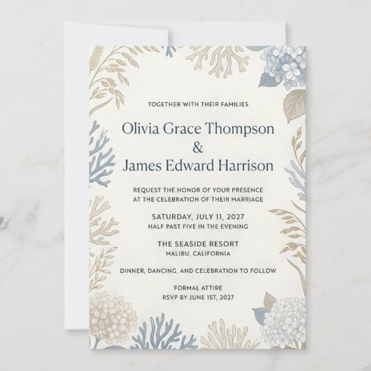 Invitation Élégance Côtière Mariage Botanique et Corail (Devant)