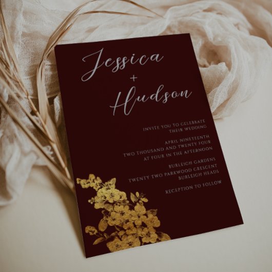 Invitation Elégance de luxe : Mariage floral bordeaux & or