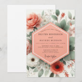 Invitation Élégance de mariage botanique corail (Devant / Derrière)