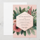 Invitation Élégance de mariage botanique corail (Devant / Derrière)