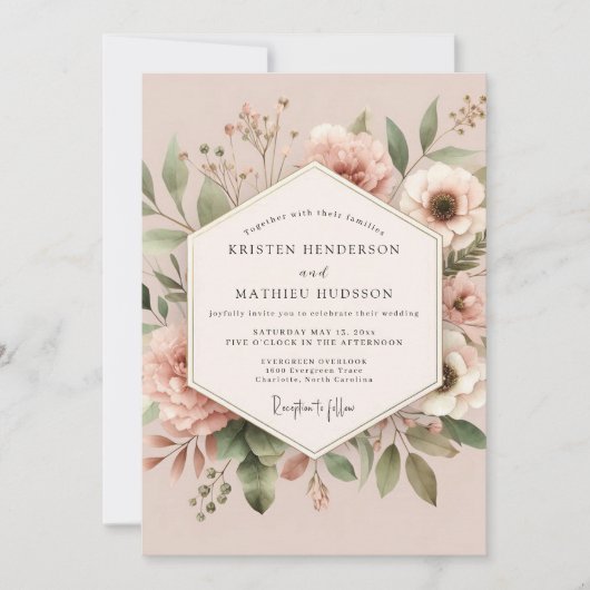 Invitation Élégance de mariage botanique rose tendre (Devant)