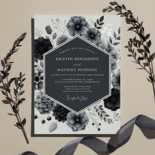 Invitation Élégance de mariage Charcoal Bloom