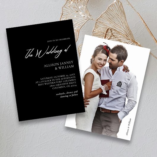 Invitation Élégance dramatique : Script blanc sur Mariage noi