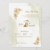 Invitation Élégance en ivoire, or et Mariage vert Invitat (Devant / Derrière)