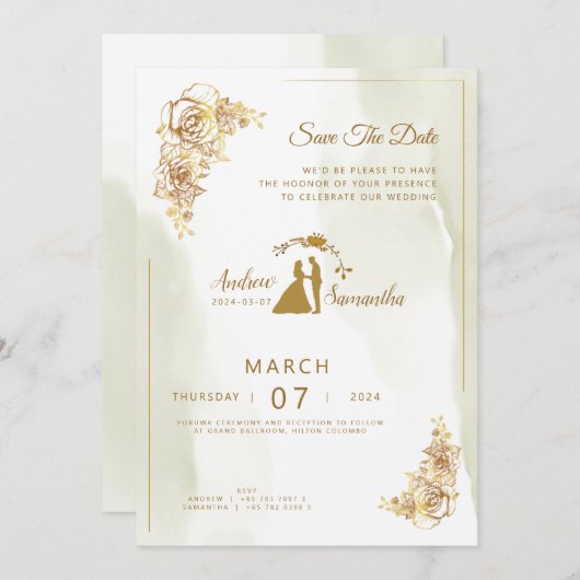 Invitation Élégance en ivoire, or et Mariage vert Invitat (Devant / Derrière)