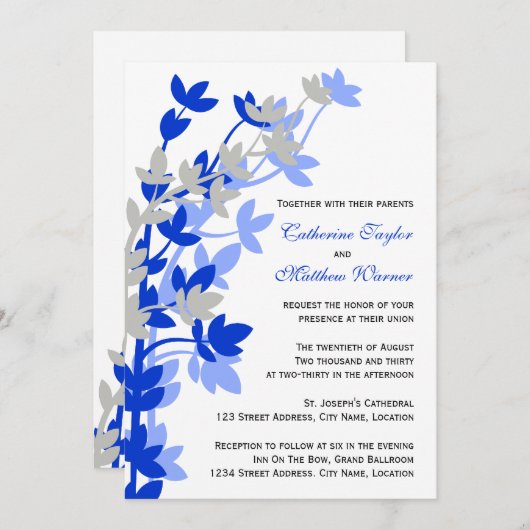 Invitation Élégance Feutrée En Mariage argent bleu (Devant / Derrière)