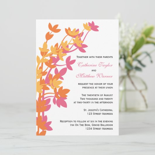 Invitation Élégance Feutrée En Mariage Rose Orange Jaune (Debout devant)