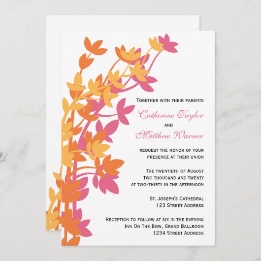 Invitation Élégance Feutrée En Mariage Rose Orange Jaune (Devant / Derrière)