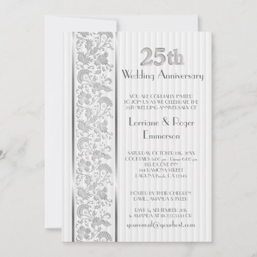 Invitation Élégance Florale Argentée 25e Anniversaire (Devant)