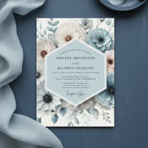 Invitation Élégance Florale Bleu Ardoise de Mariage