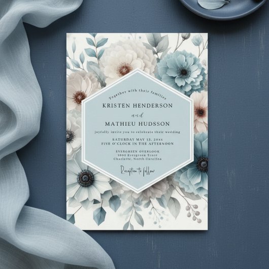 Invitation Élégance Florale Bleu Ardoise de Mariage